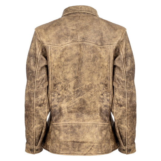 back of our dappled dun beige leather jacket with front snap closure, two chest pockets, and hand warming pockets on white background
