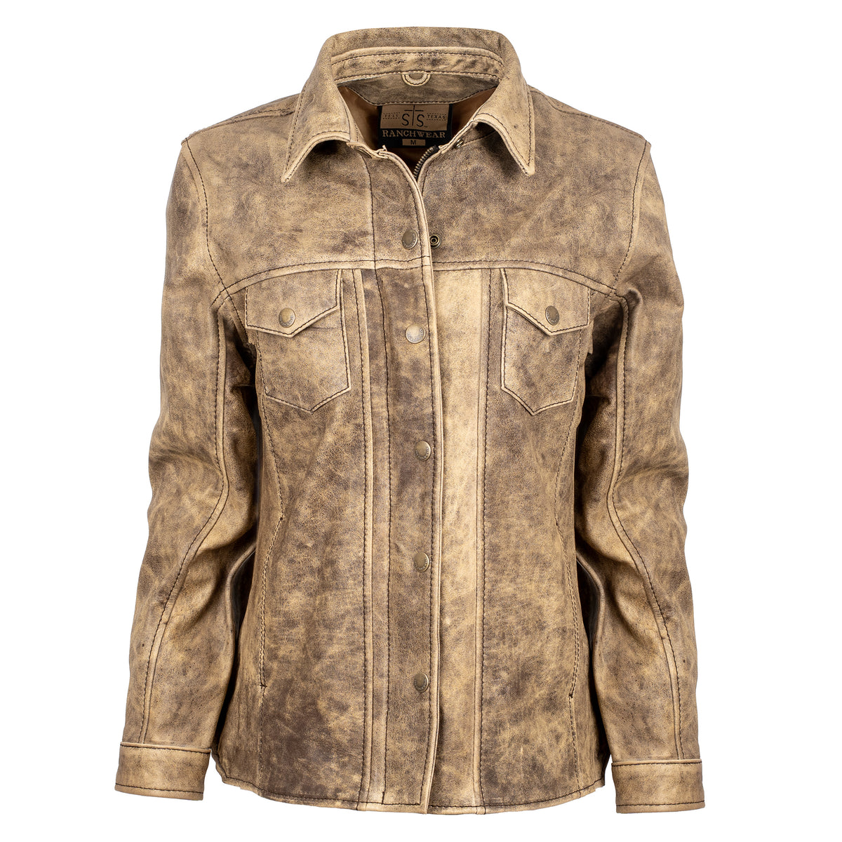 dappled dun beige leather jacket with front snap closure, two chest pockets, and hand warming pockets on white background