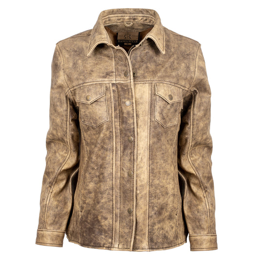 dappled dun beige leather jacket with front snap closure, two chest pockets, and hand warming pockets on white background