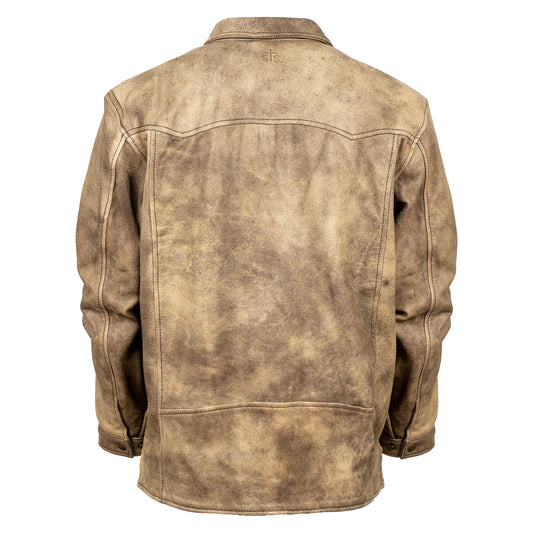 back of our dappled dun beige leather jacket with front snap closure, two chest  pockets, and hand warming pockets on white background