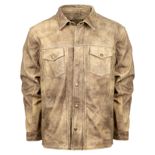 dappled dun beige leather jacket with front snap closure, two chest pockets, and hand warming pockets on white background