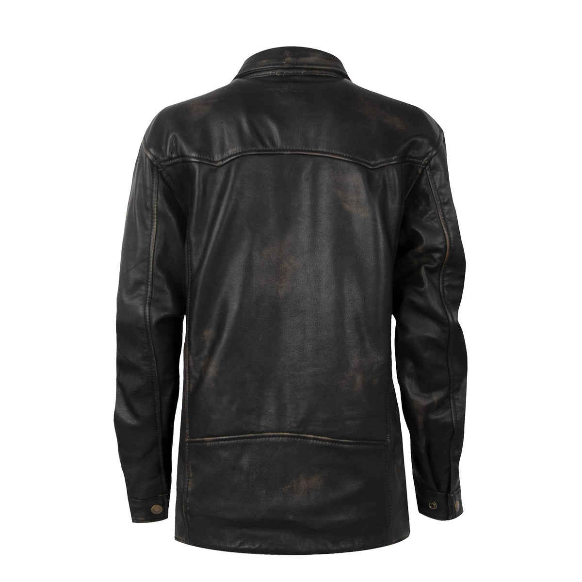 Back of a genuine leather women's Rancher jacket in black featuring adjustable snap wrist cuffs.