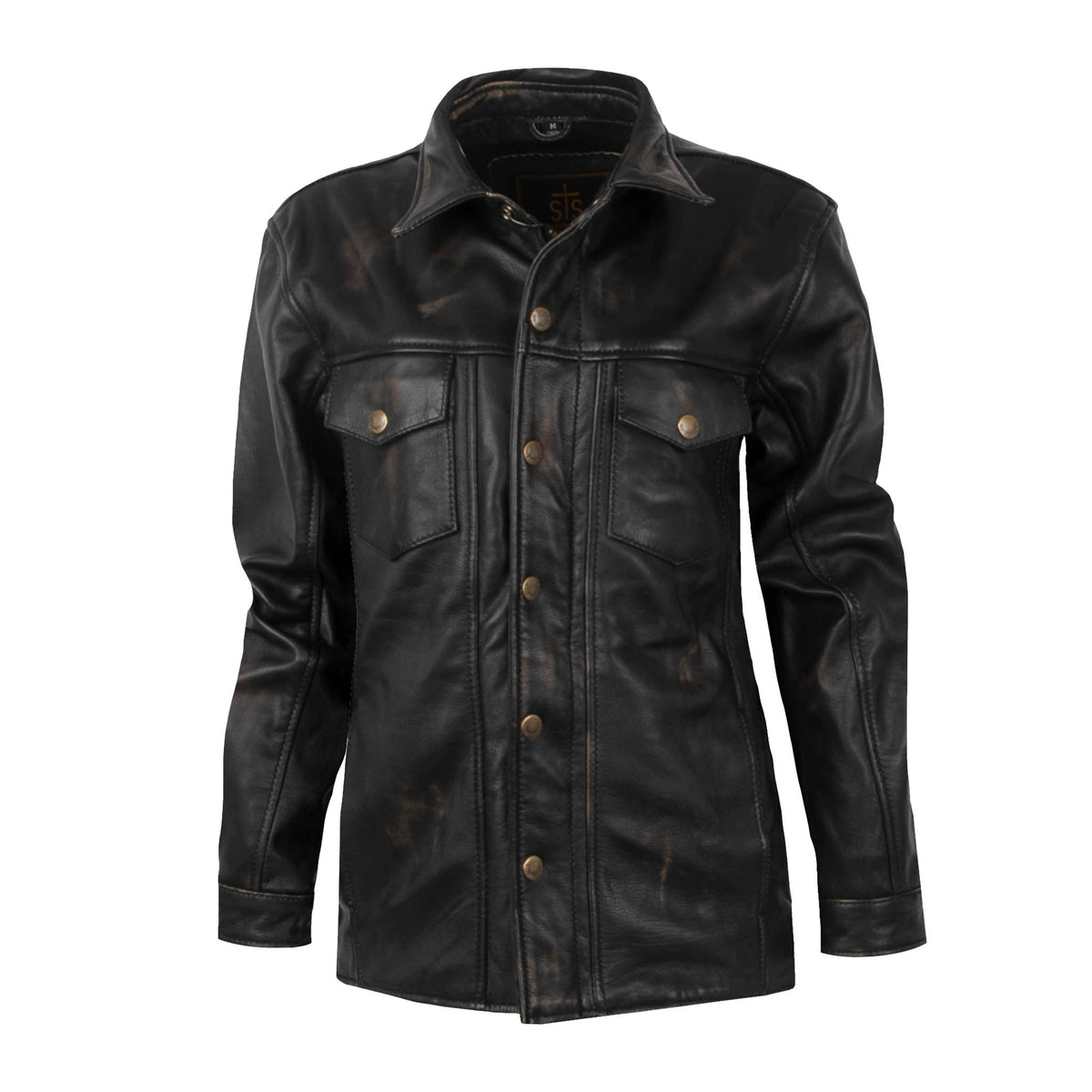 A women's rancher jacket made from genuine leather in black, featuring snap and zip front closure and multiple exterior pockets.