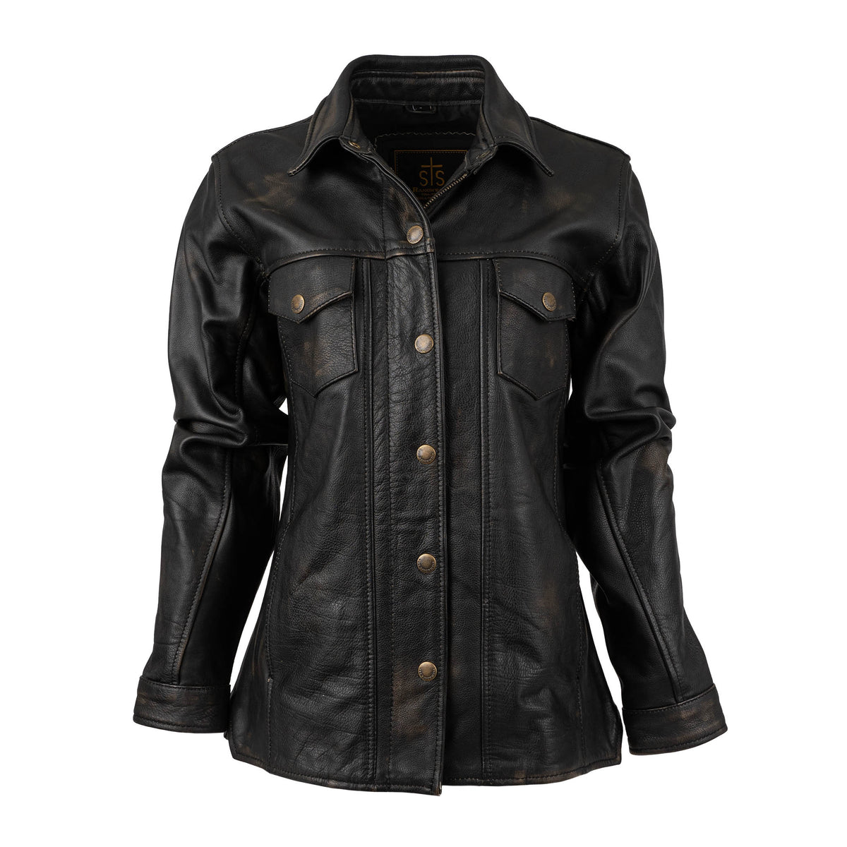 A youth Rancher genuine leather jacket in black with long sleeves, chest pockets and snap and zip front closure.