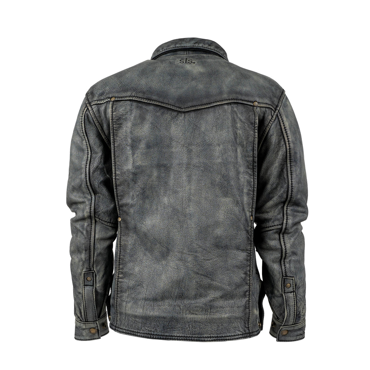 Back of a gray stonewash youth genuine leather Rifleman jacket with adjustable snap cuffs on the wrists.