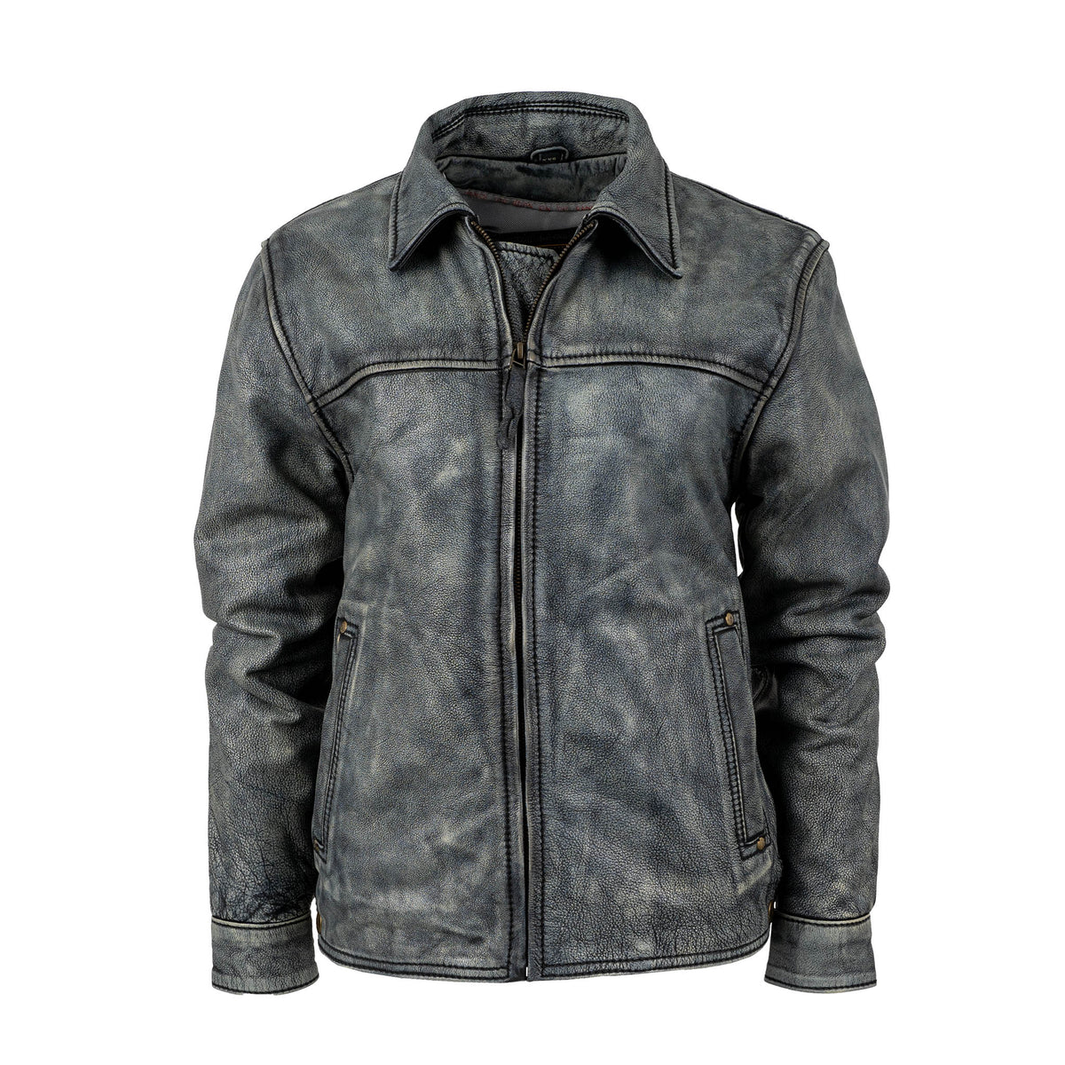 A gray stonewash youth genuine leather Rifleman jacket with zip closure and hand warming pockets.