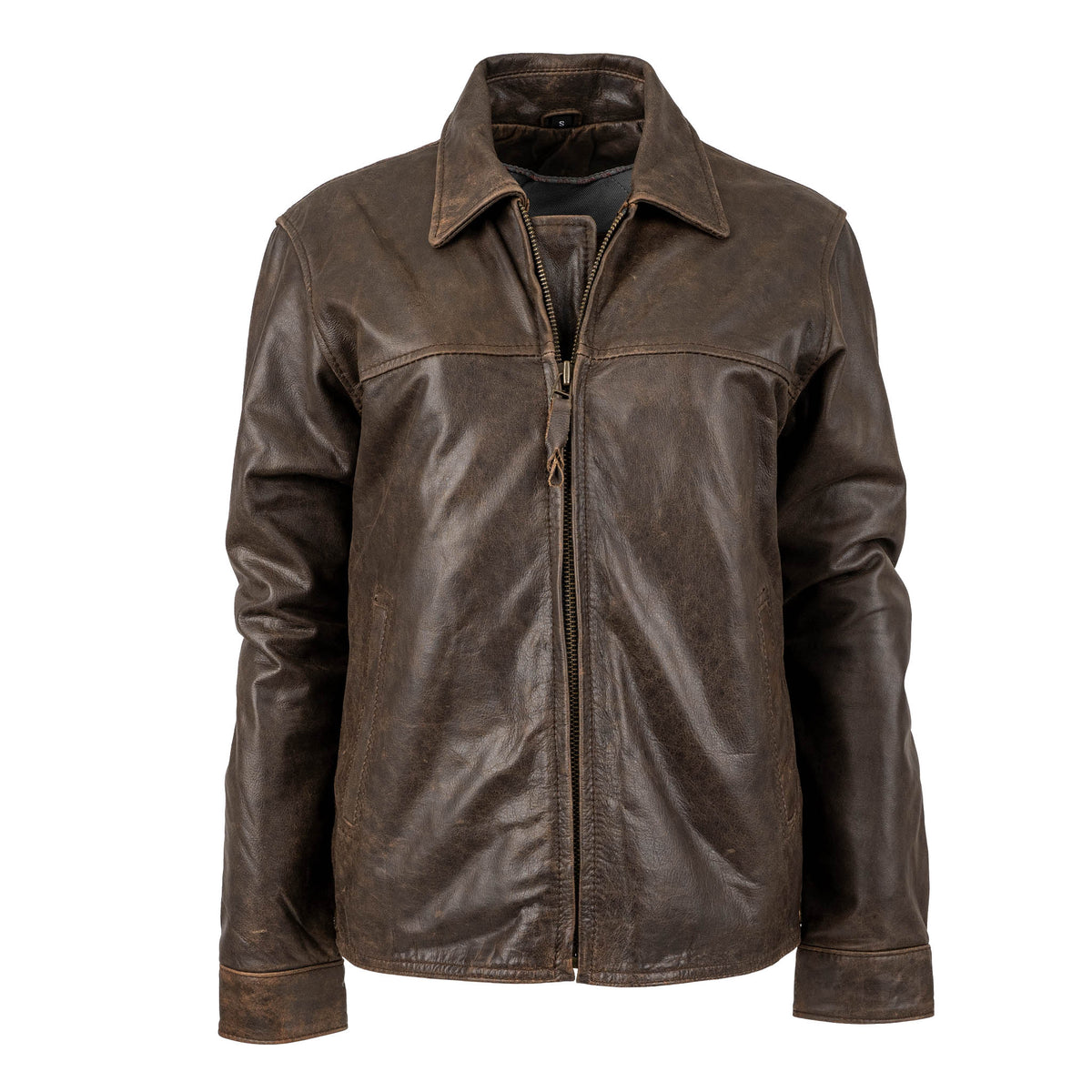 A brown genuine leather youth rifleman jacket featuring zip closure and two exterior hand warming pockets.