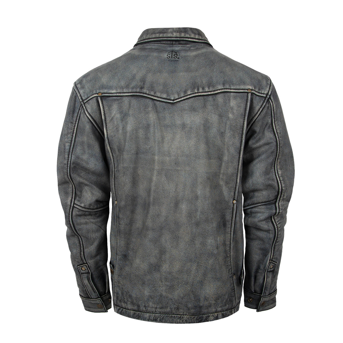 Back of a gray stonewash men's genuine leather Rifleman leather jacket with adjustable snap cuffs on the wrists and western yoke.