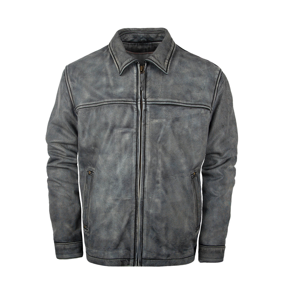 A gray stonewash men's genuine leather Rifleman leather jacket with zip closure and hand warming pockets.
