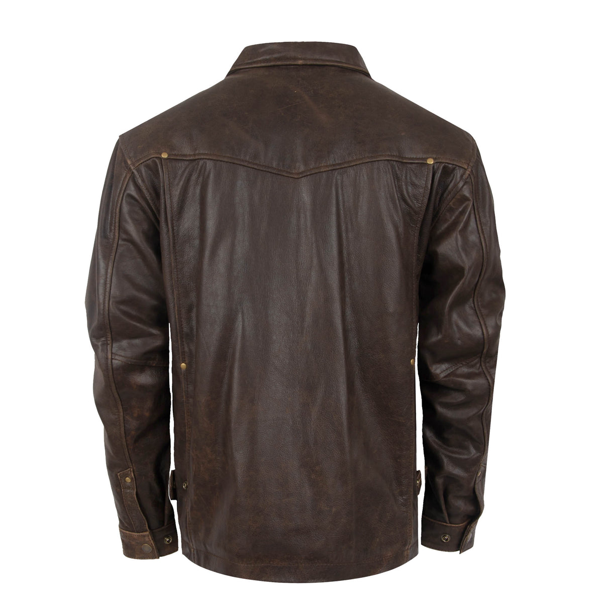 Back of a brown genuine leather men's Rifleman jacket with adjustable snap cuffs on the wrists.