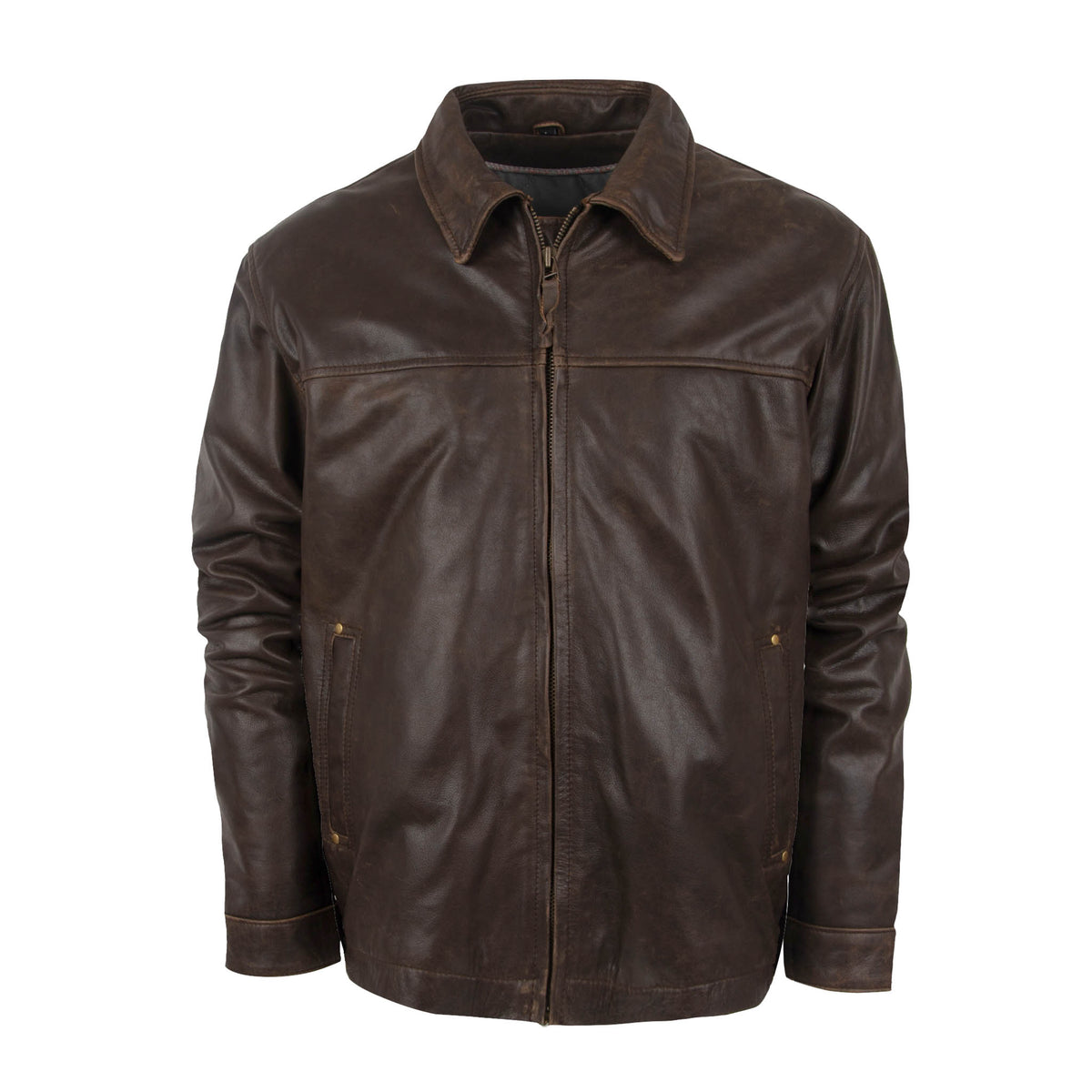 A brown genuine leather men's Rifleman jacket with a collar, long sleeves, and a zip front closure.