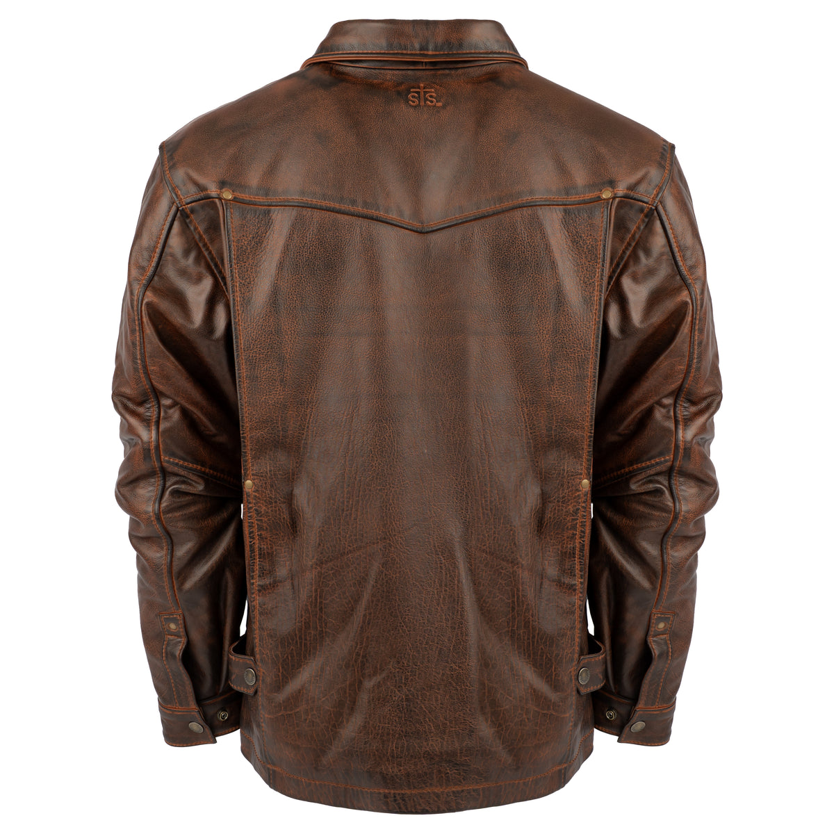 back of our deep bay leather jacket with a front zipper, classic western yoke and hand warming pockets on white background
