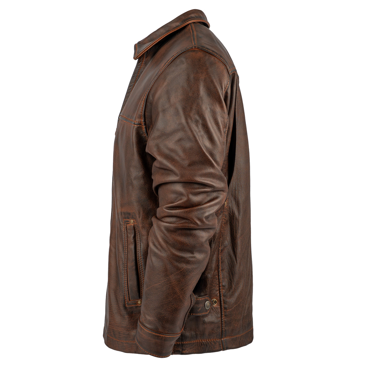 side view of our deep bay leather jacket with a front zipper, classic western yoke and hand warming pockets on white background