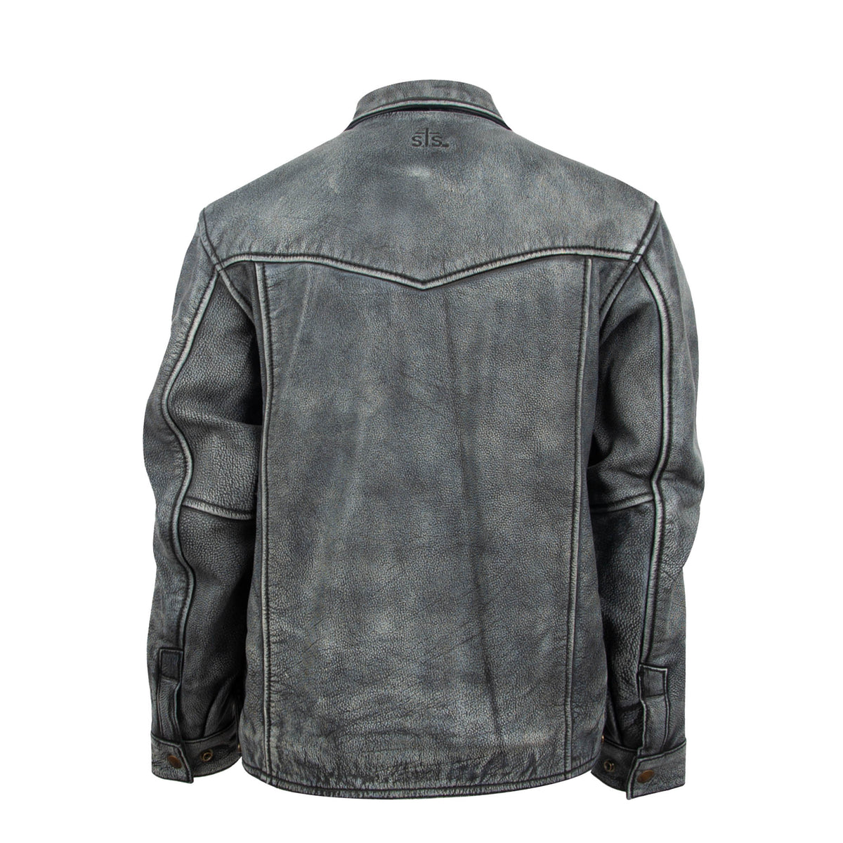 back of a stonewash gray women's leather jacket with a classic western cut, featuring a collar, zippered front, and exterior pockets.