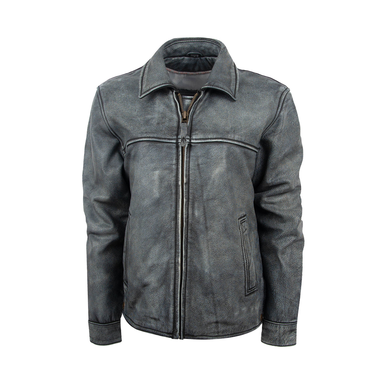 A stonewash gray women's leather jacket with a classic western cut, featuring a collar, zippered front, and exterior pockets.