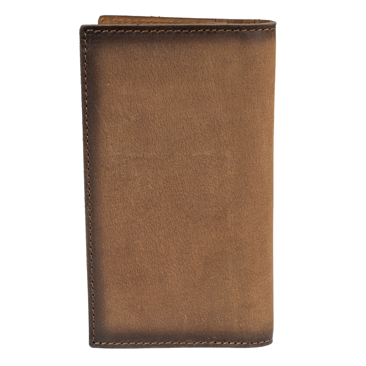 A brown full grain leather bifold wallet on a white background.