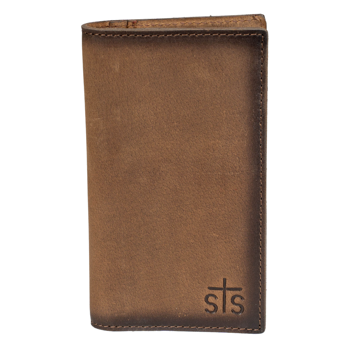 A brown full grain leather bifold wallet with the STS branded logo on the bottom right on a white background.