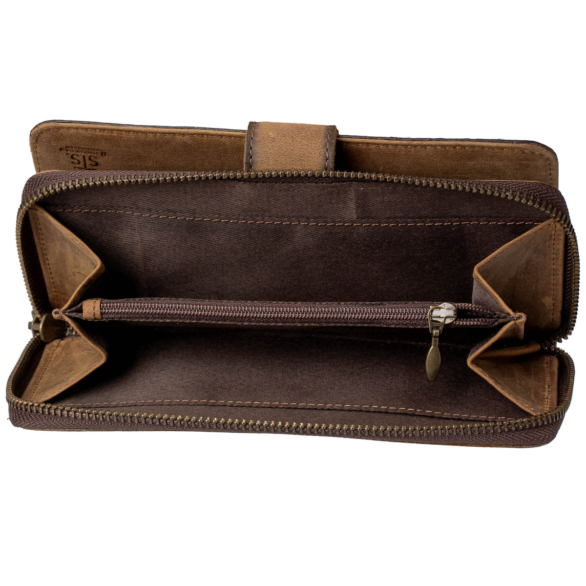 Brown leather wallet with multiple compartments and a zipper on a white background.