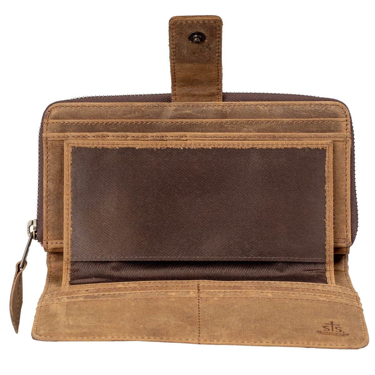 Brown leather wallet with multiple card slots and a cash slip pocket on a white background.