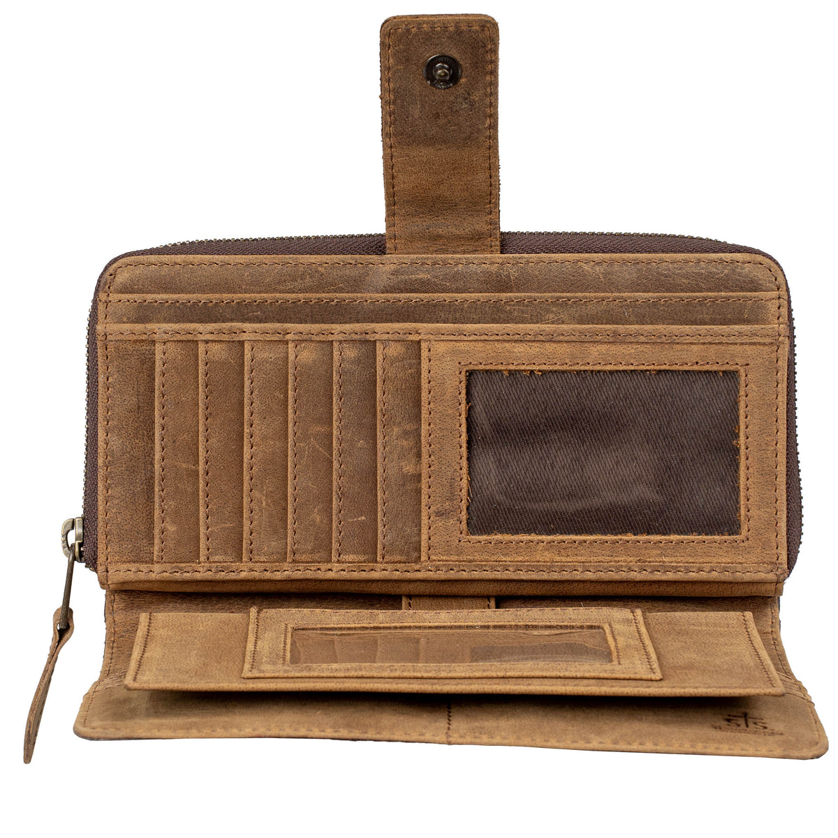 Brown leather wallet with multiple card slots and an ID slot on a white background.