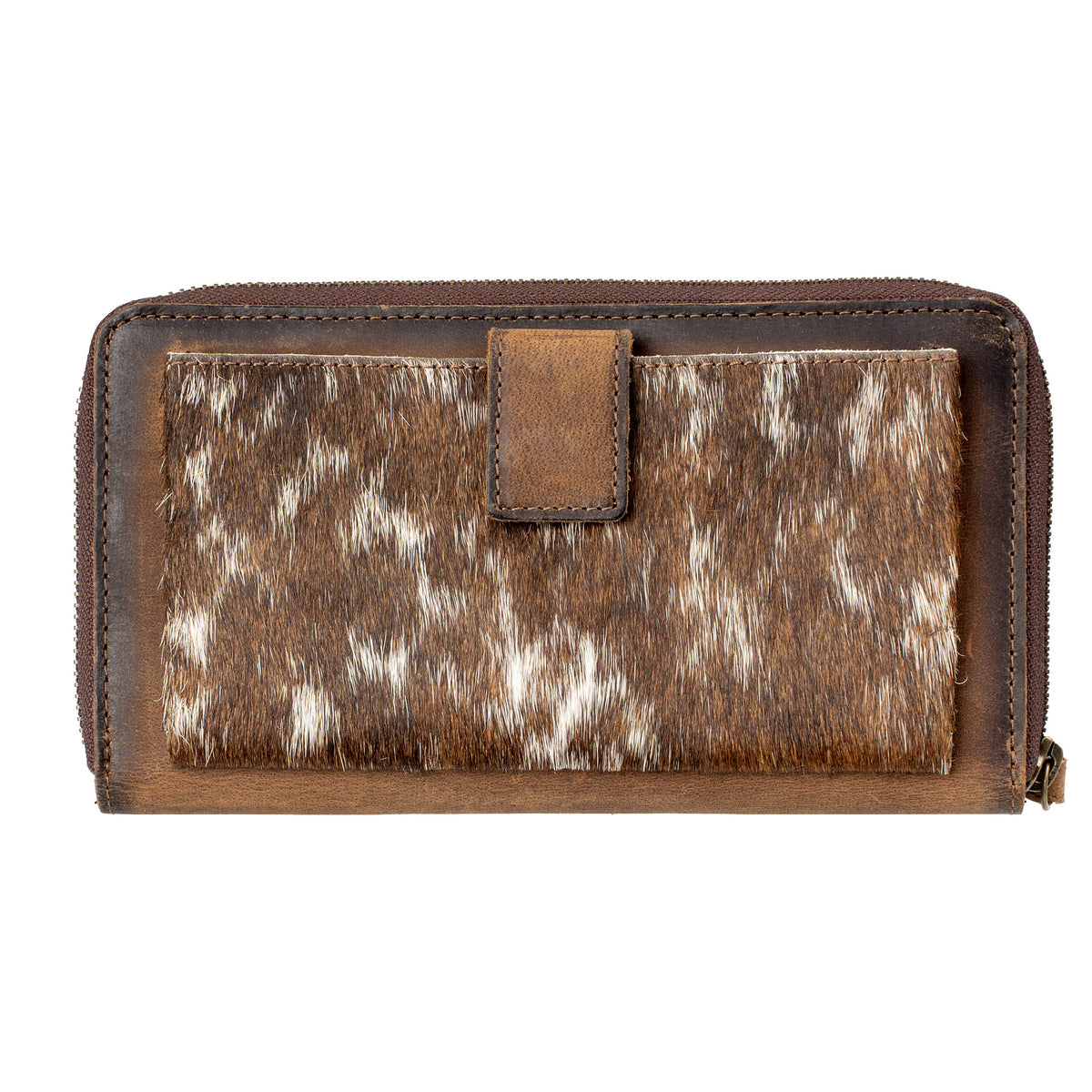 A brown cowhide Bentley wallet with genuine leather accents, zip around closure and brown and white hair on hide cowhide accents on slip pocket on a white background.