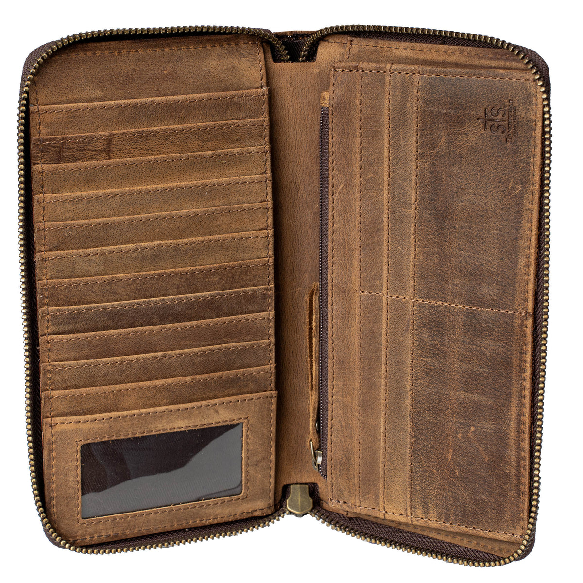 Inside of cowhide Bentley wallet with zip around closure, 1 ID slot and card slots on a white background.