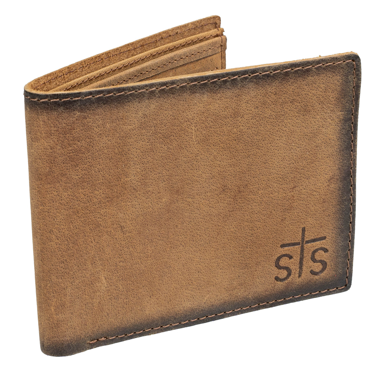 Brown leather bifold wallet with brown stitching and a stamped "STS" logo on a white background.