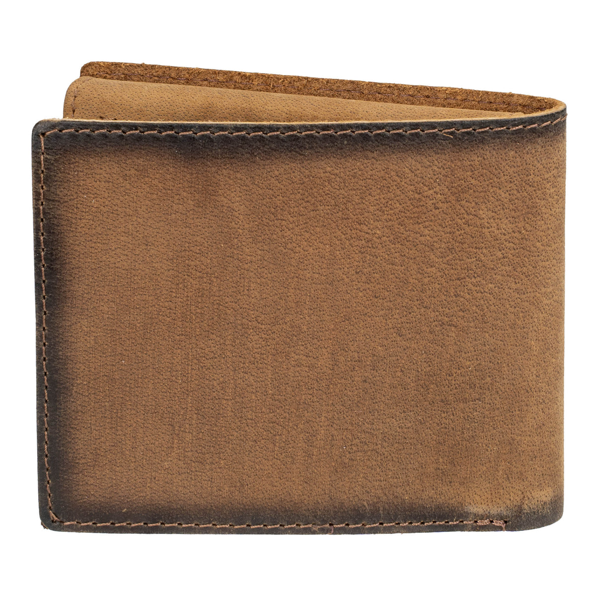Brown leather bifold wallet with brown stitching on a white background.