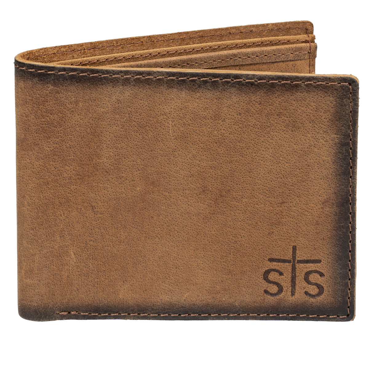 Brown leather bifold wallet with brown stitching and a stamped "STS" logo on a white background.