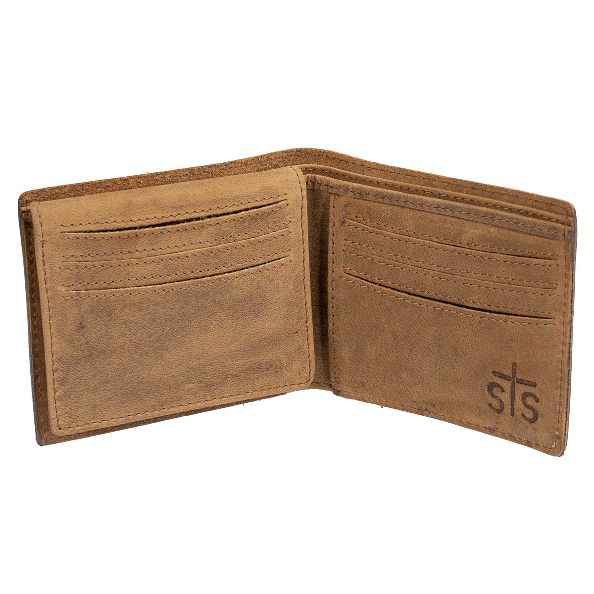 Inside of brown leather bifold wallet with card slots and a stamped "STS" logo on a white background.