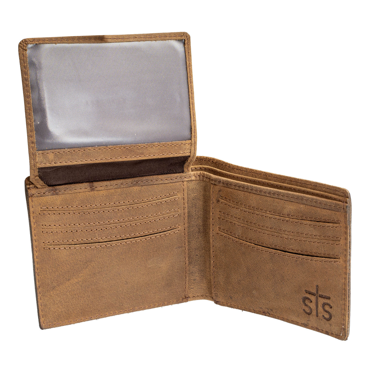 Inside of brown leather bifold wallet with brown stitching, card slots, an ID slot and a stamped "STS" logo on a white background.