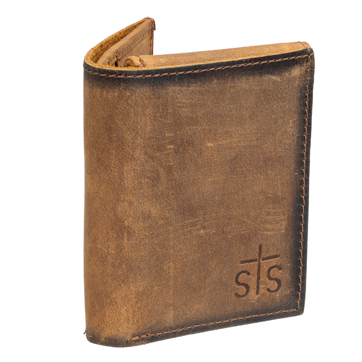 A brown full grain leather trifold wallet with the STS branded logo patch on the bottom right on a white background.