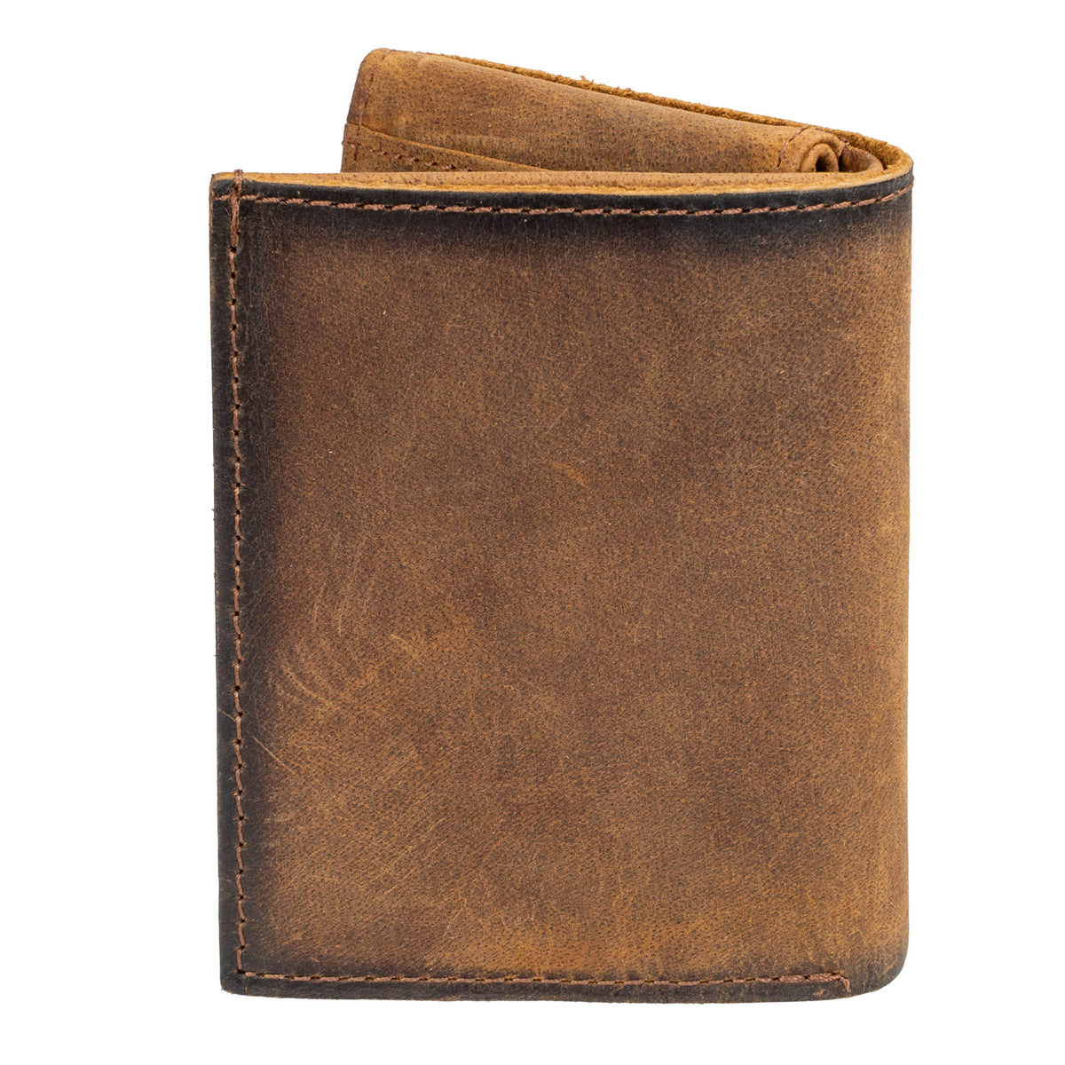 A brown full grain leather trifold wallet with brown stitching on a white background.