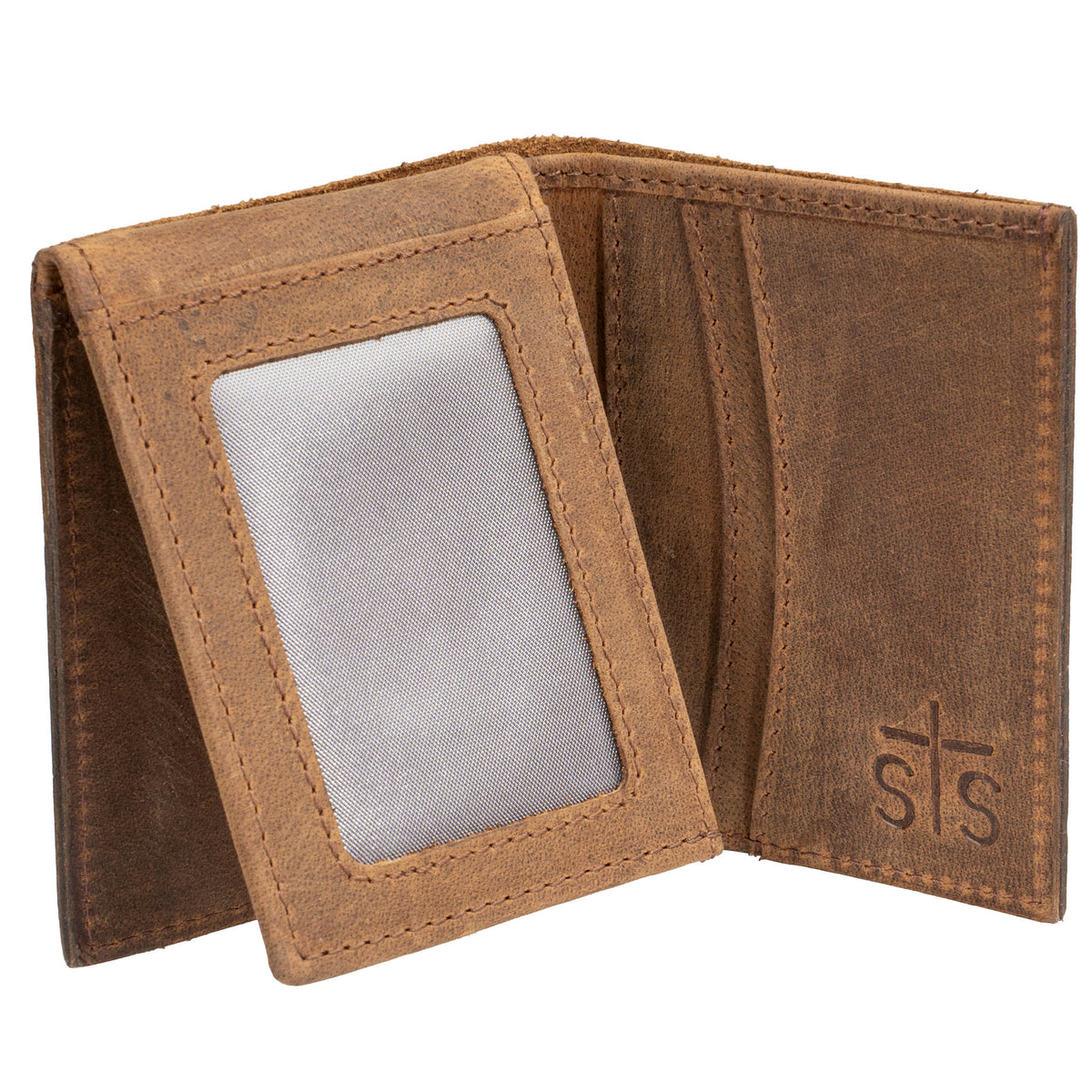 Inside of brown leather trifold wallet with 1 ID slot, card slots and STS branded logo in bottom right on a white background.