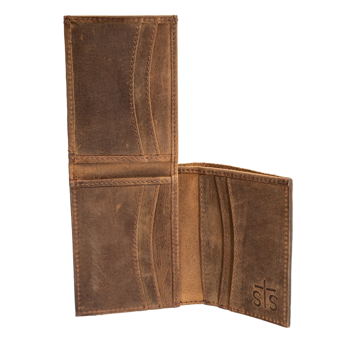 Inside of brown leather trifold wallet with card slots and STS branded logo in the bottom right on a white background.