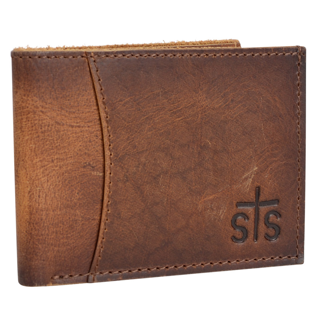 A brown genuine leather wallet with STS branding embossed on the front on a white background.