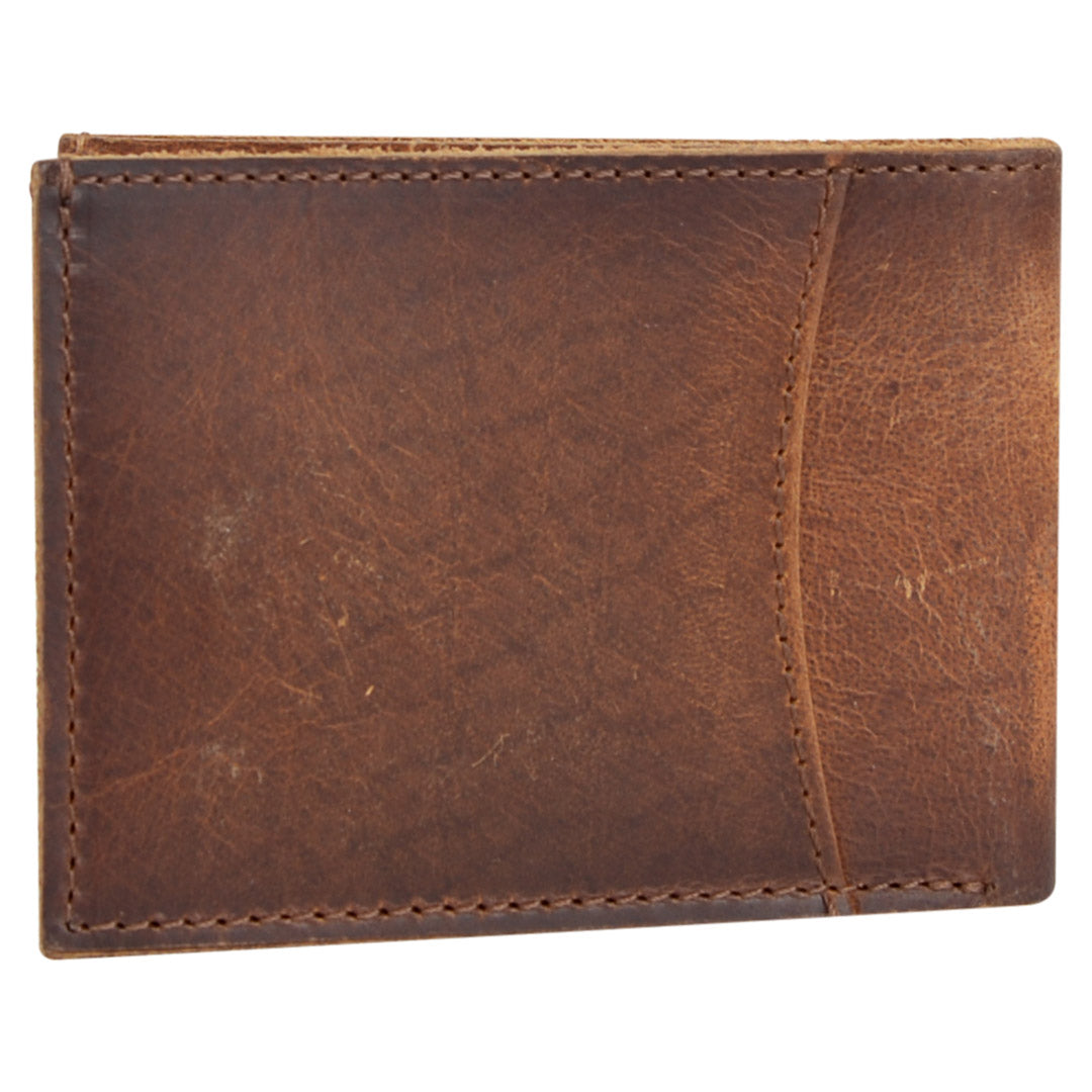 A brown genuine leather wallet on a white background.