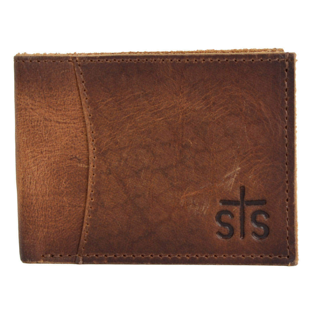 A brown genuine leather wallet with STS branding embossed on the front on a white background.