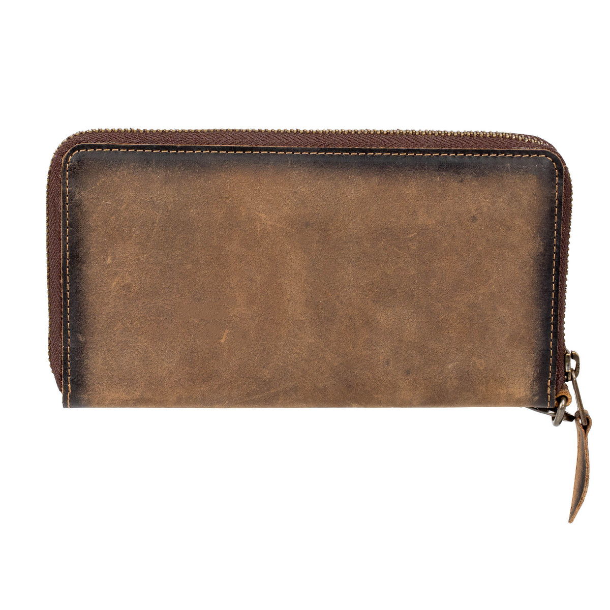 The back of a leather wristlet with zip around closure on a white background.