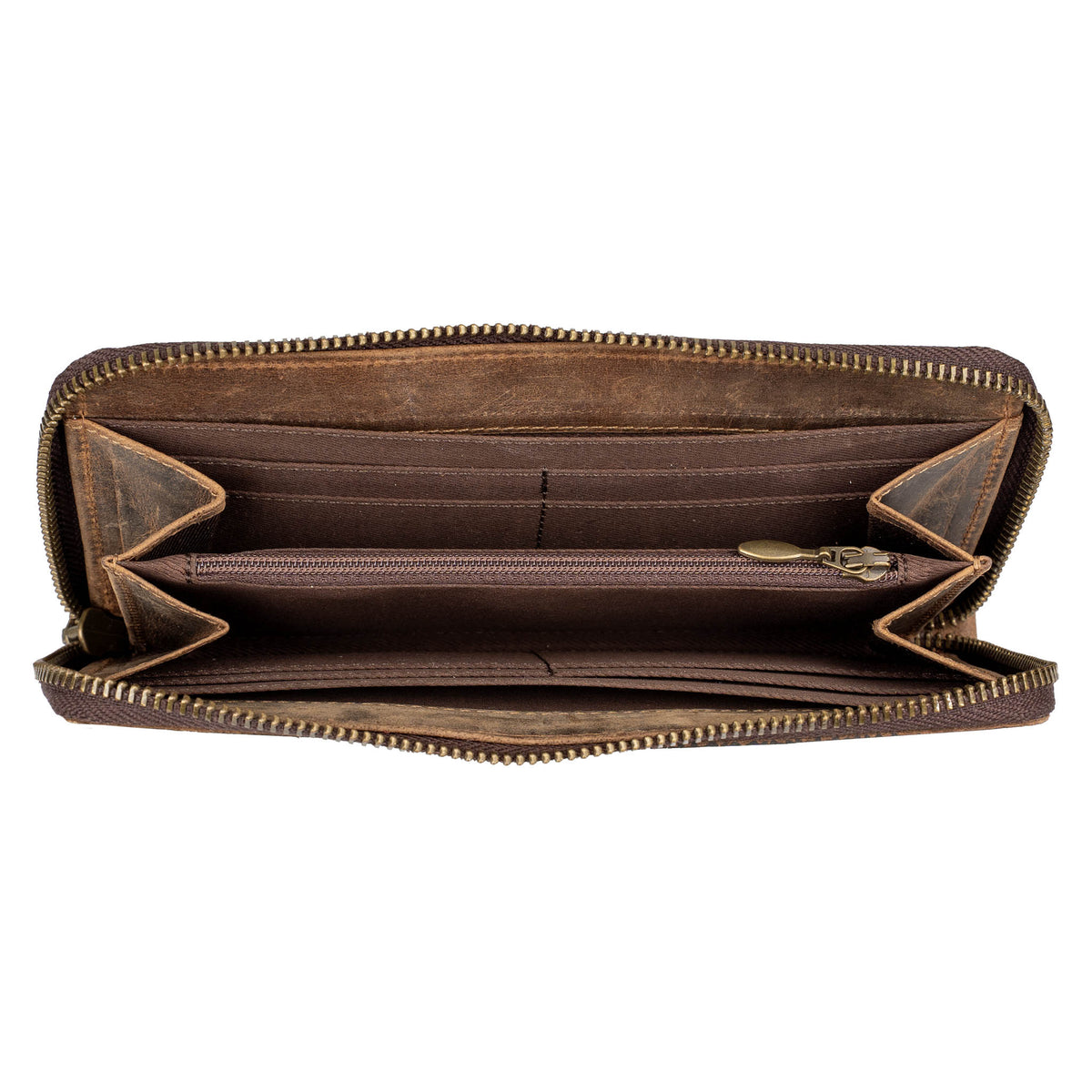 Open view of a leather wristlet showing the card slots and coin slot zipper on a white background.