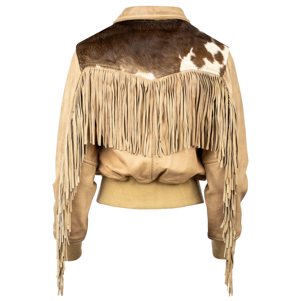 Back of our beige leather jacket with cowhide detailing, fringe and western yoke on white background.