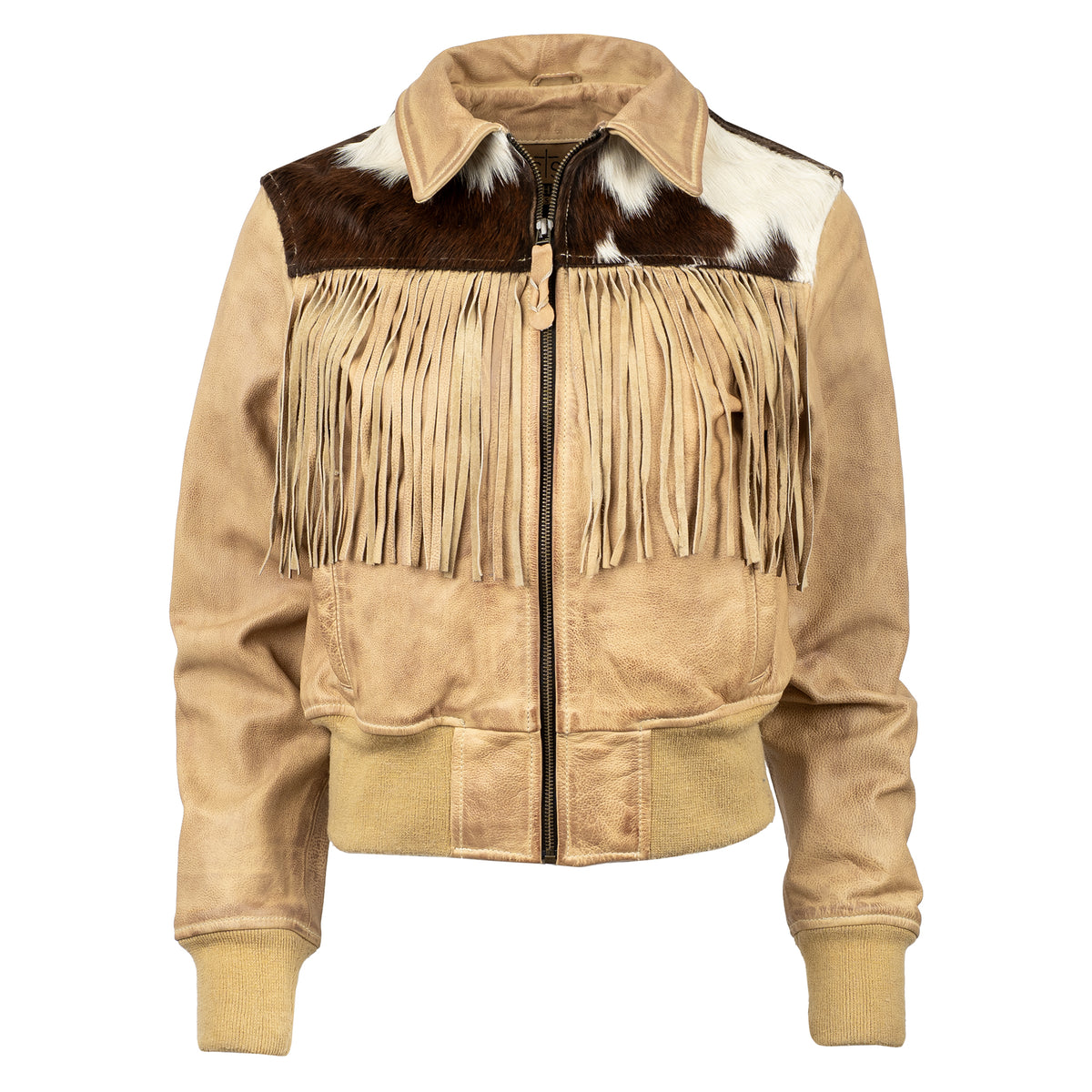 Beige leather jacket with cowhide detailing, fringe and zip front closure on white background.
