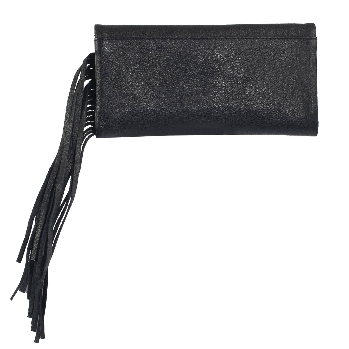 Back of a black buffalo leather wallet with fringe accents.