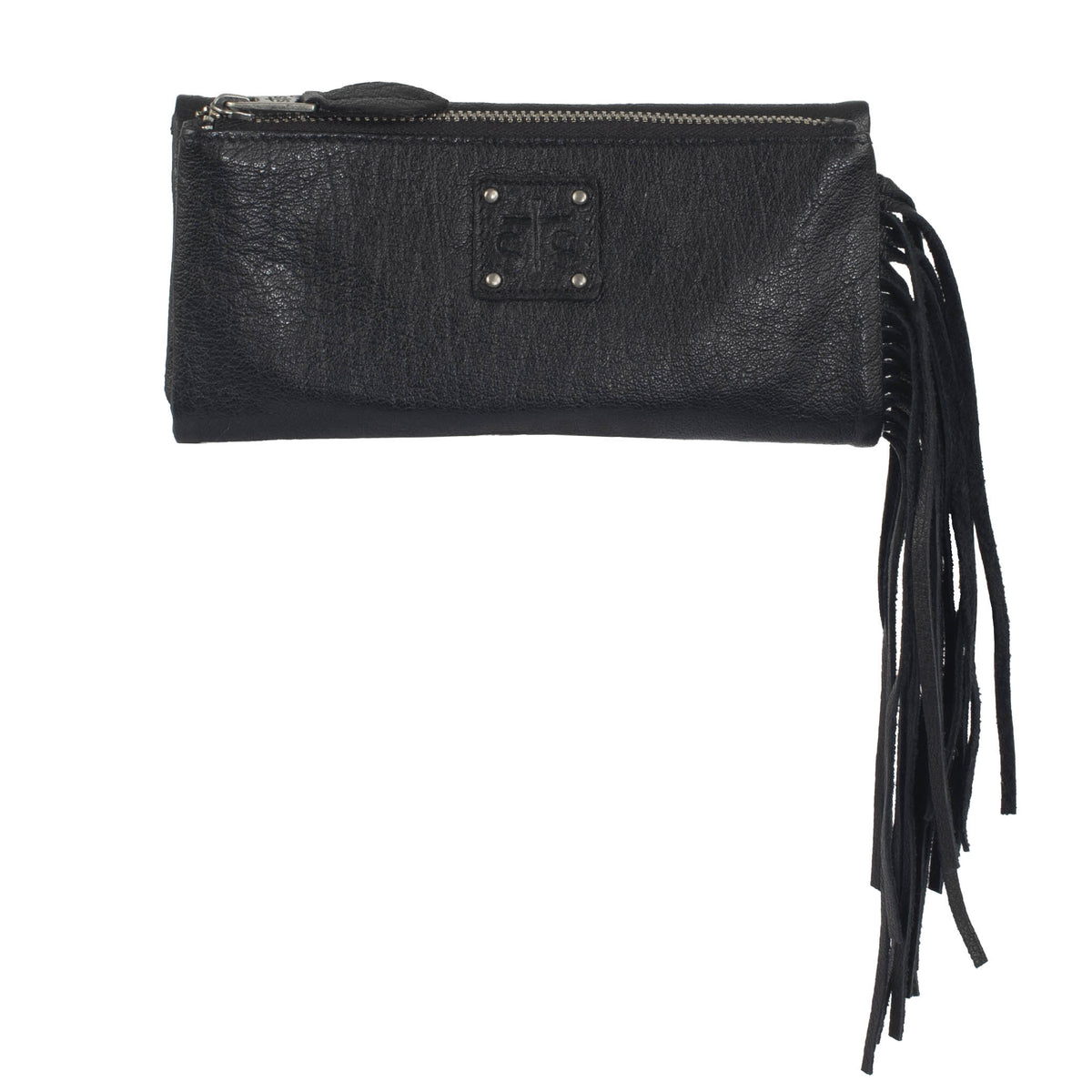 A black buffalo leather wallet with fringe accents, featuring a fold and magnetic snap closure and exterior zip pocket.
