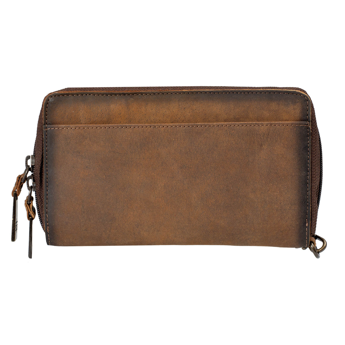Brown genuine leather wallet with zip around closure, slip pocket and leather wristlet strap on a white background.