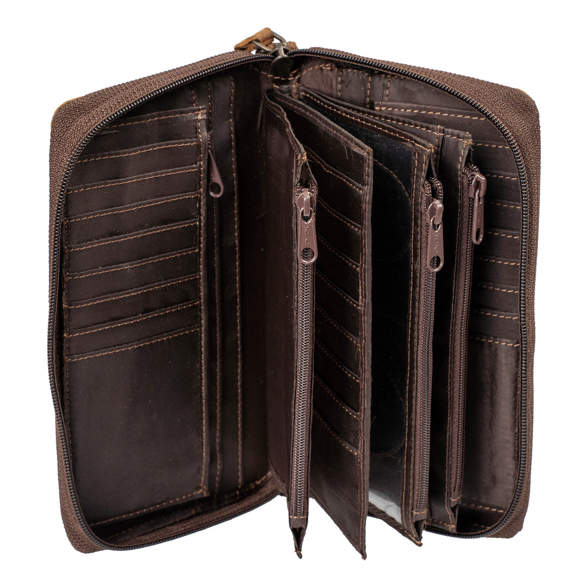 Inside of brown genuine leather wallet with 4 zip closure compartments, cash slips and card slots on a white background.