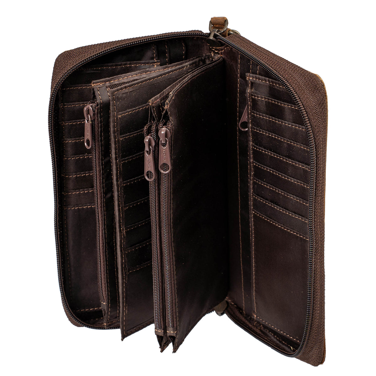 Inside of brown genuine leather wallet with 4 zip closure compartments, cash slips and card slots on a white background.