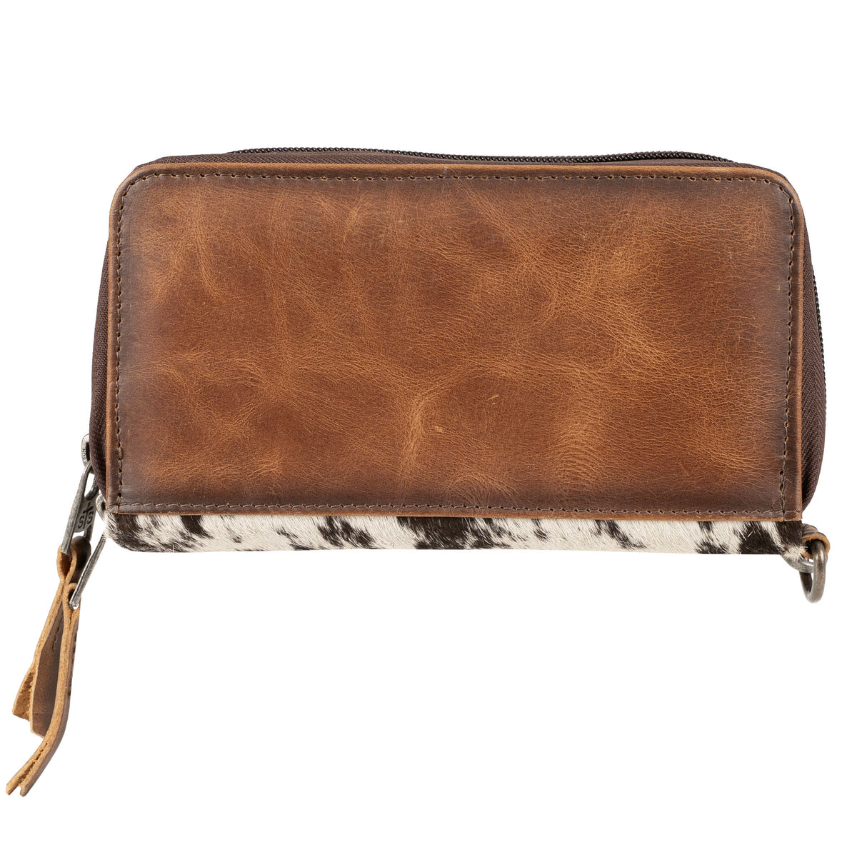 Back of cowhide wallet with zip around closure displayed on a white background.