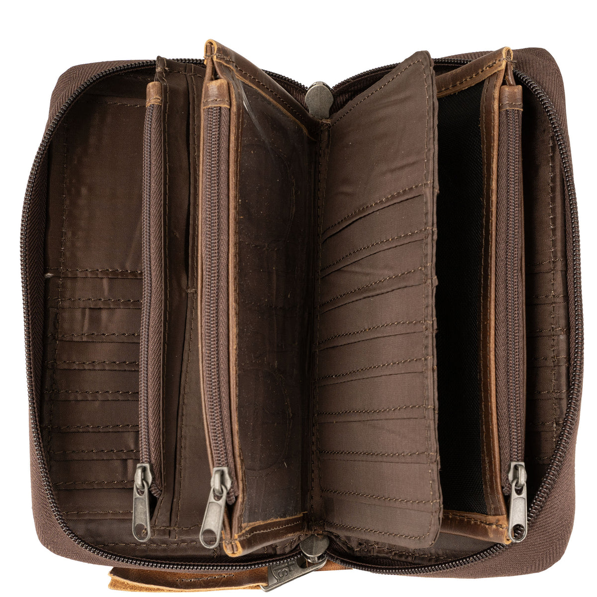 Inside of cowhide wallet with multiple zip pockets and card slots.