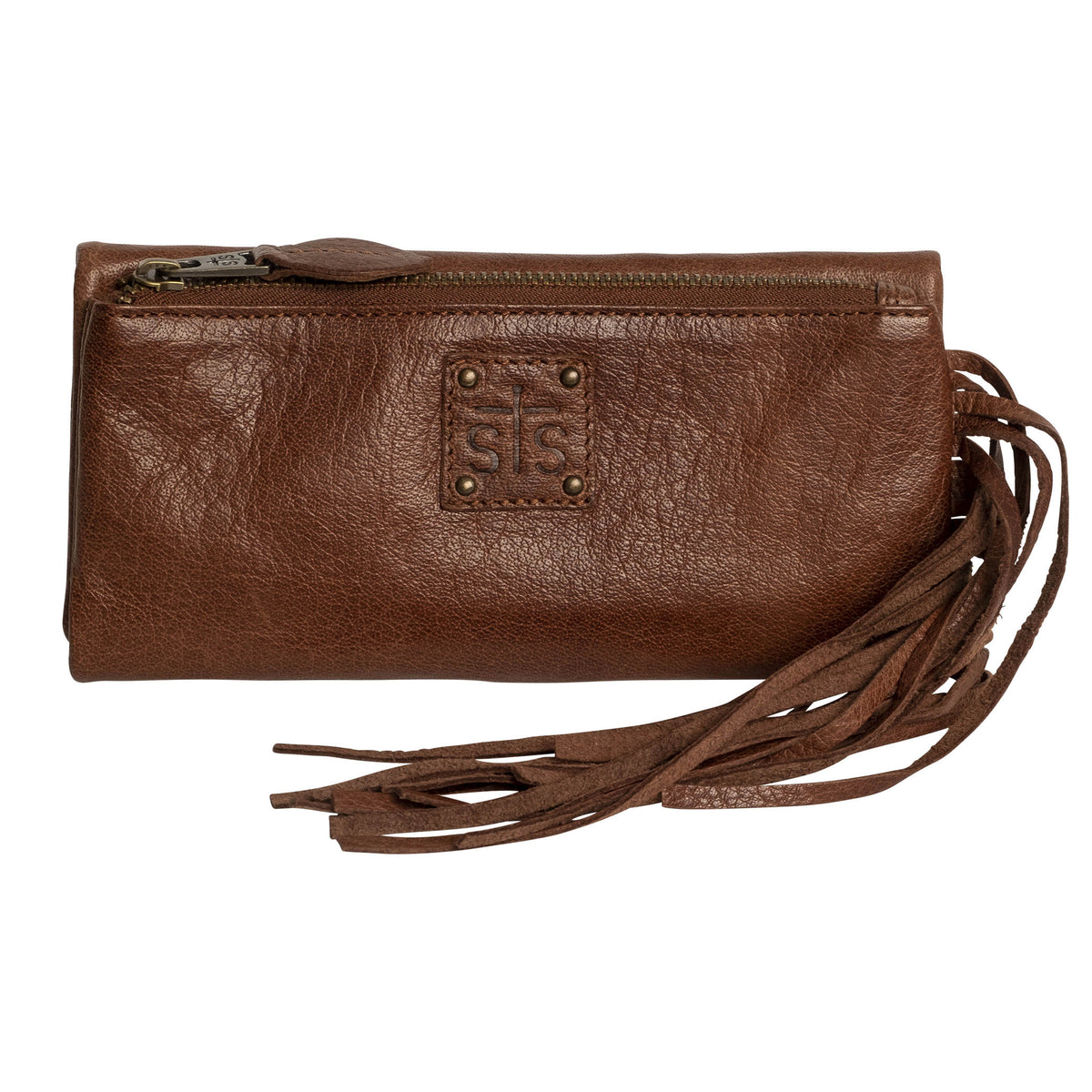 A brown buffalo leather wallet with fringe accents, featuring a fold and magnetic snap closure and exterior zip pocket.